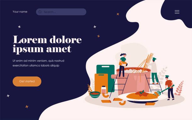 Restaurant chef and his team cooking pasta Restaurant chef and his team cooking pasta. Cooks placing spaghetti in hot water and preparing plate for serving dinner. For traditional Italian cuisine, food, catering, job concept large pasta pot stock illustrations