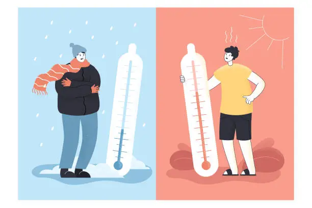 Vector illustration of Contrast of winter and summer, cold and hot weather