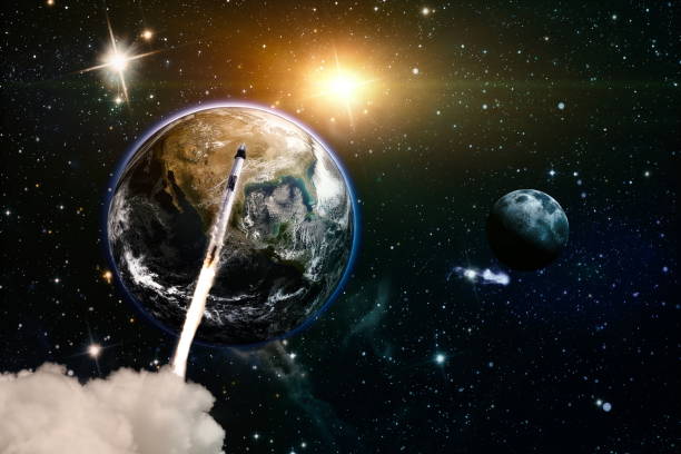 istock Rocket in space, earth in distance.Space shuttle orbiting Earth planet. The elements of this image furnished by NASA. 1337188374