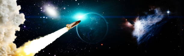 Rocket in space, earth in distance.Space shuttle orbiting Earth planet. The elements of this image furnished by NASA.images-assets.nasa.gov/image/GSFC_20171208_Archive_e001587/GSFC_20171208_Archive_e001587~orig.jpg . images-assets.nasa.gov/image/KSC-06pd1429/KSC-06pd1429~orig.jpg
