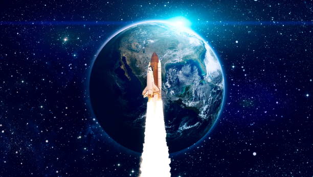 istock Rocket in space, earth in distance.Space shuttle orbiting Earth planet. The elements of this image furnished by NASA. 1337188406