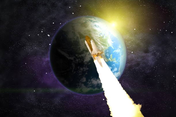 istock Space shuttle voyage through the galaxy and planets . Space shuttle orbiting Earth planet. Elements of this image furnished by NASA 1337188444