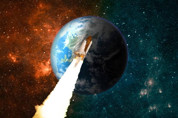 istock Space shuttle voyage through the galaxy and planets . Space shuttle orbiting Earth planet. Elements of this image furnished by NASA 1337188460
