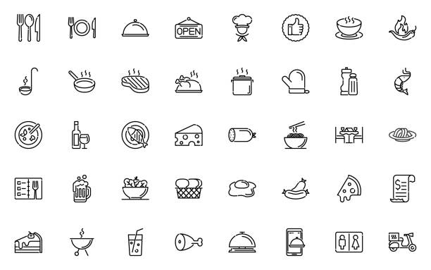 ilustraciones, imágenes clip art, dibujos animados e iconos de stock de conjunto de iconos de la línea de restaurantes, comida, bebidas, chef, menú - salad food beer restaurant