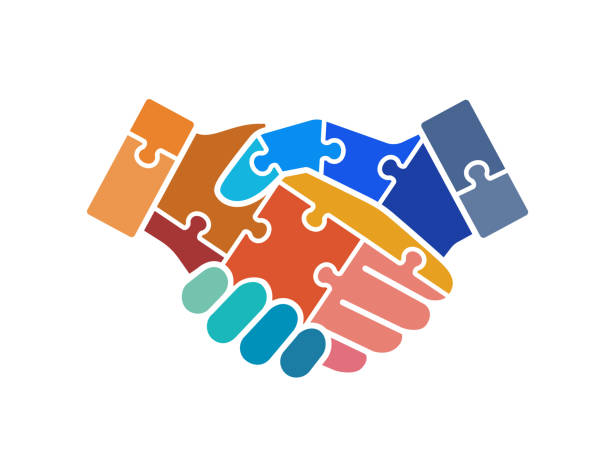 ilustrações de stock, clip art, desenhos animados e ícones de colorful puzzle handshake vector icon - partnership cooperation teamwork puzzle
