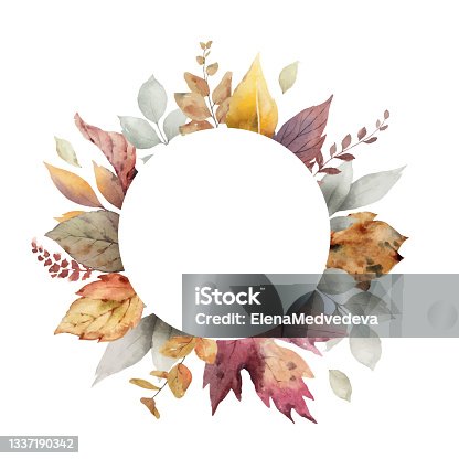 istock Watercolor vector autumn frame with  leaves and branches isolated on a white background. Thanksgiving illustration for your design. 1337190342