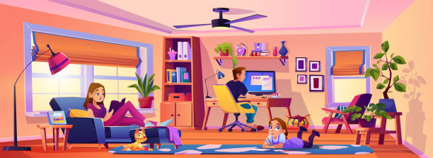 ilustrações de stock, clip art, desenhos animados e ícones de workplace at home in living room, home interior and design of space for work. family spending weekend in house. mom reading on sofa, dad working on pc, kid draws. flat style cartoon character, vector - family sofa vector illustration and painting