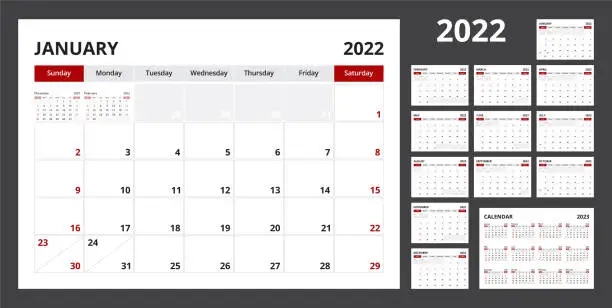 Vector illustration of 2022 calendar planner set for template corporate design week start on Sunday.