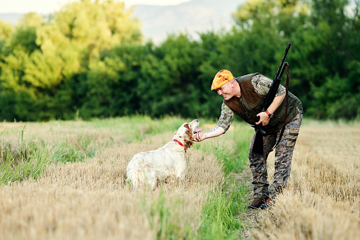Hunter with rifle standing on field with dog