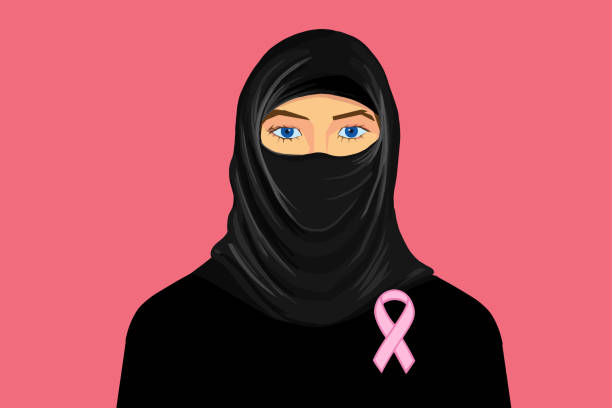 Muslim woman fight against breast cancer One Muslim woman illustration wearing a black Hijab and pink ribbon, representing fight against breast cancer muslim cartoon stock illustrations
