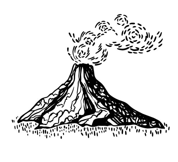 ilustrações, clipart, desenhos animados e ícones de erupção vulcânica com fumaça no céu. - illustration and painting vector sketch doodle