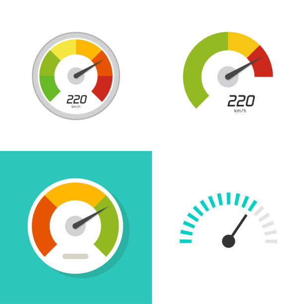 messen sie geschwindigkeitsmesser oder tachoanzeige leistungsanzeige zifferblatt symbol vektor flach cartoon illustration, schlechte oder gute fortschrittsskala messung isoliert, druckleistung oder auto kraftstoffstand - odometer stock-grafiken, -clipart, -cartoons und -symbole