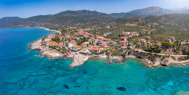 aerial panoramic view to the idyllic town of kardamili - mani peninsula imagens e fotografias de stock