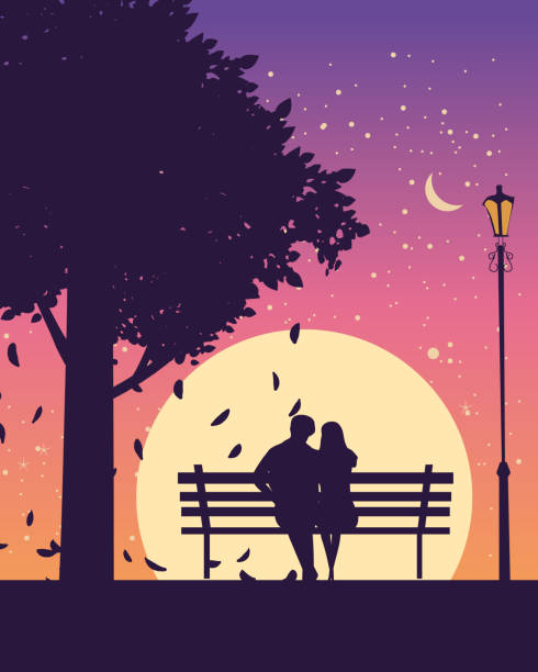 Couple Lovers On Bench In Park Under Tree Autumn Sunset Night Stars Vector  Illustration Silhouette Stock Illustration - Download Image Now - iStock