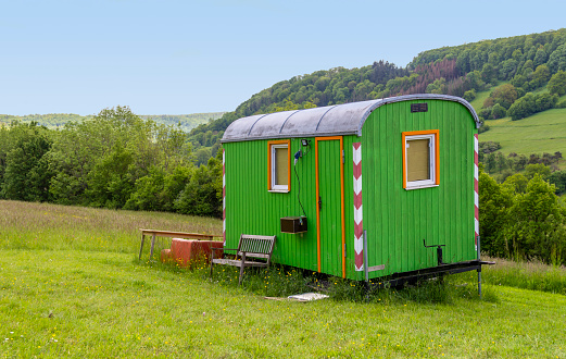 green site caravan in rural ambiance at spring time in Southern Germany