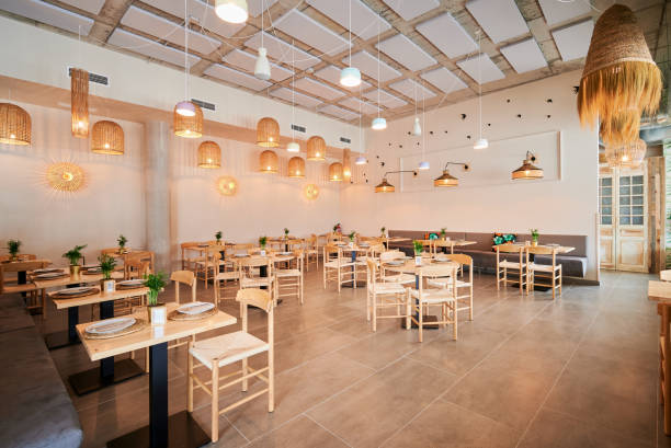 istock empty rustic design restaurant with wooden furniture 1337196372