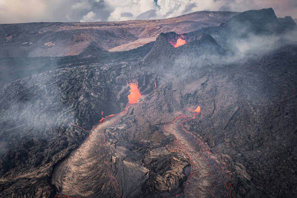 istock Volcanic Eruption and lava field from aerial view 1337197821