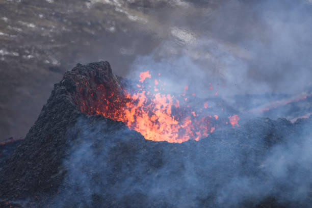 istock Volcanic Eruption and lava field from aerial view 1337197969