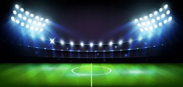 Vector illustration of Football Arena stadium at night lights World Cup Vector illustration.