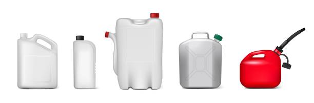 blanko-kunststoffkanister, behälter für flüssige produkte, verpackungsflaschen-mockup-set, vektorisolierte illustration. - gallone stock-grafiken, -clipart, -cartoons und -symbole