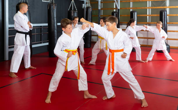 istock Two boys working in pair, mastering new karate moves 1337204031