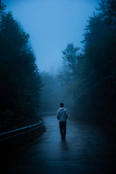 istock Lonely man is walking on fog road 1337204212
