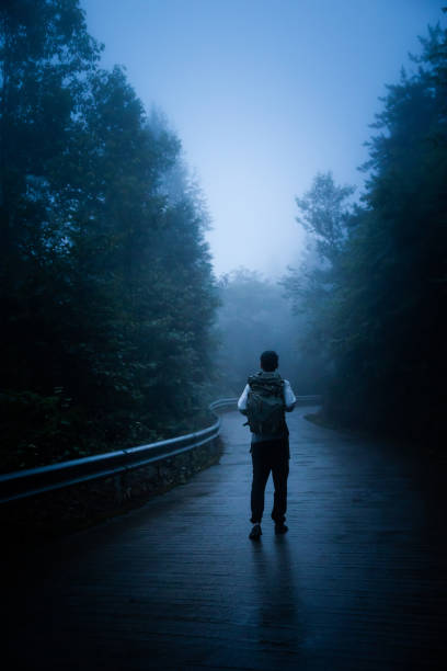 Man walking alone on a foggy forest road