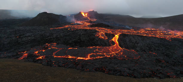 istock Volcano eruption and lava field 1337205464