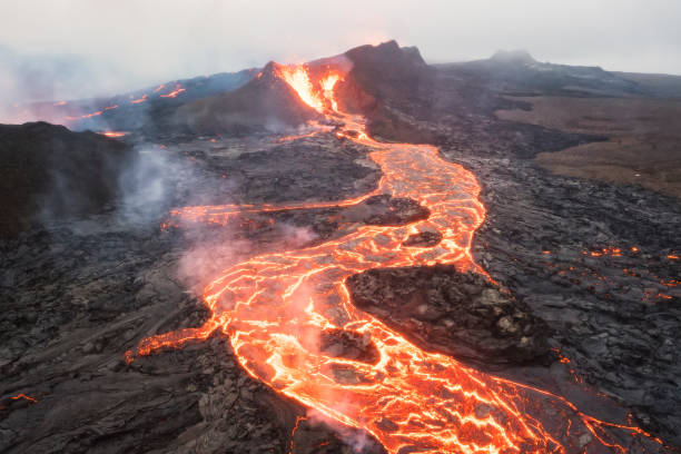 istock Volcano eruption and lava field 1337205474