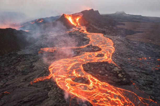istock Volcano eruption and lava field 1337205476