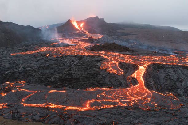 istock Volcano eruption and lava field 1337205523