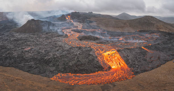 istock Volcano eruption and lava field 1337205634