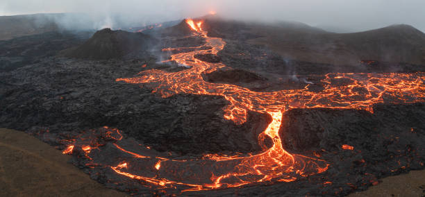 istock Volcano eruption and lava field 1337205660