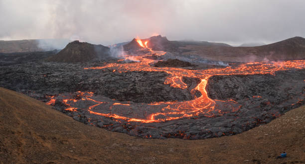 istock Volcano eruption and lava field 1337205663