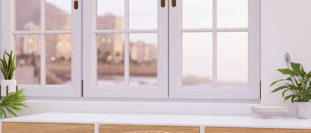 istock Copy space on modern table top near window, space for product display, 3d rendering 1337206985