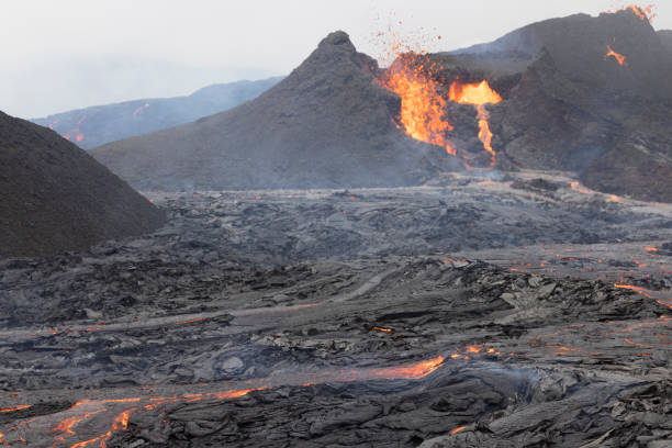 istock Volcano eruption and lava field 1337207058