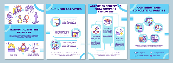 Corporate social responsibility exempt activities brochure template. Flyer, booklet, leaflet print, cover design with linear icons. Vector layouts for presentation, annual reports, advertisement pages