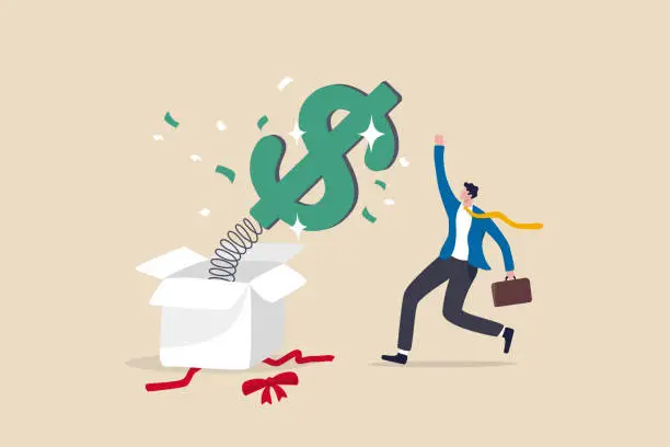 Vector illustration of Surprise money or reward, bonus or salary raise, investment profit, dividend or high return stock, lucky giveaway or winning prize concept, happy businessman jumping high opening surprise money box.