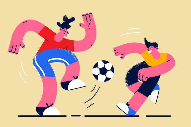 Happy fatherhood and childhood concept Happy fatherhood and childhood concept. Smiling happy father and son having fun together playing football with soccer ball having great family time vector illustration play day stock illustrations
