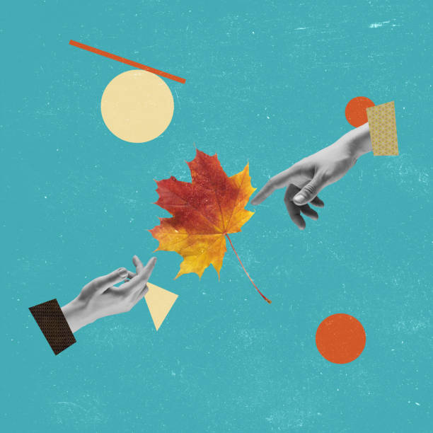 istock Keep in touch with autumn. Contemporary design of two hands touching autumn leaf on blue background 1337209033