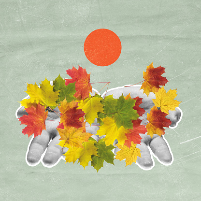 Contemporary art collage of human hands holding beautiful colourful leaves on light green retro background. Fall season aesthetics. Sunset. Autumn vibes. Concept of fall, nature, ad, cosiness.