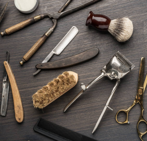 istock Classic grooming and hairdressing tools on wooden background. 1337209052