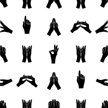 Yoga mudras. Vector seamless pattern with different gestures of human hands isolated on white background.