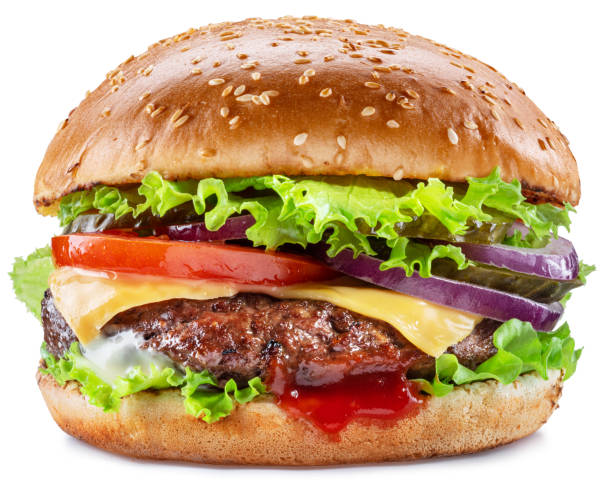 istock Delicious hamburger with beef cutlet, vegetables and onions isolated on a white background. Fast food concept. 1337209359