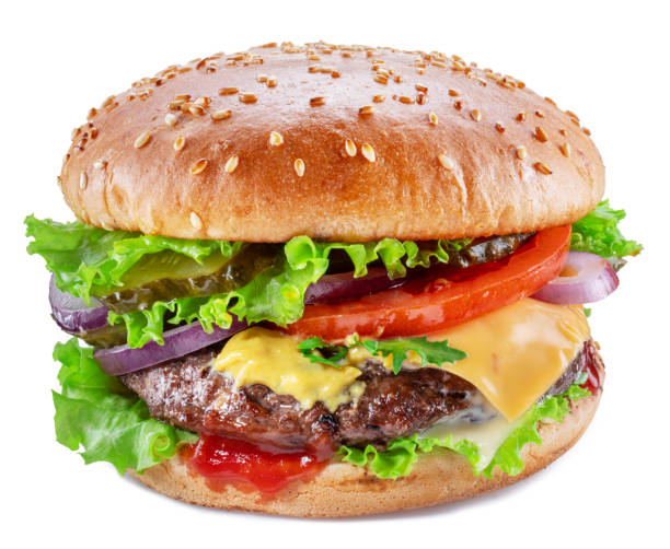 istock Delicious hamburger with beef cutlet, vegetables and onions isolated on a white background. Fast food concept. 1337209363