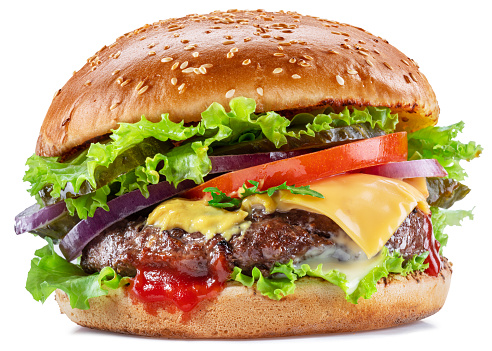 Delicious hamburger with beef cutlet, vegetables and onions isolated on a white background. Fast food concept.