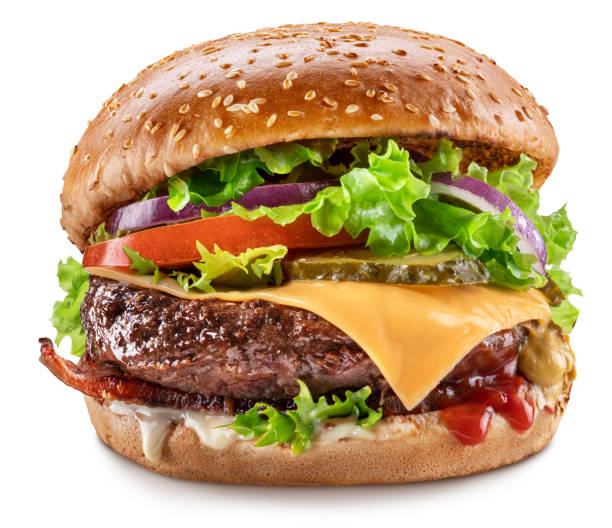 istock Delicious hamburger with beef cutlet, vegetables and onions isolated on a white background. Fast food concept. 1337209374