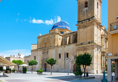 a view of the Congres Eucaristic Square in Elche, Spain, and the Basilica of Santa Maria church, dedicated to the Virgin Mary