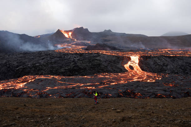 istock Volcano eruption and lava field 1337210271