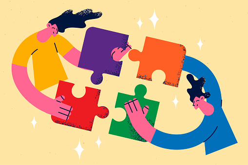 Teamwork, collaboration and uniting efforts concept. Two young people business colleagues man and woman uniting efforts fixing pieces of one puzzle together as team members vector illustration